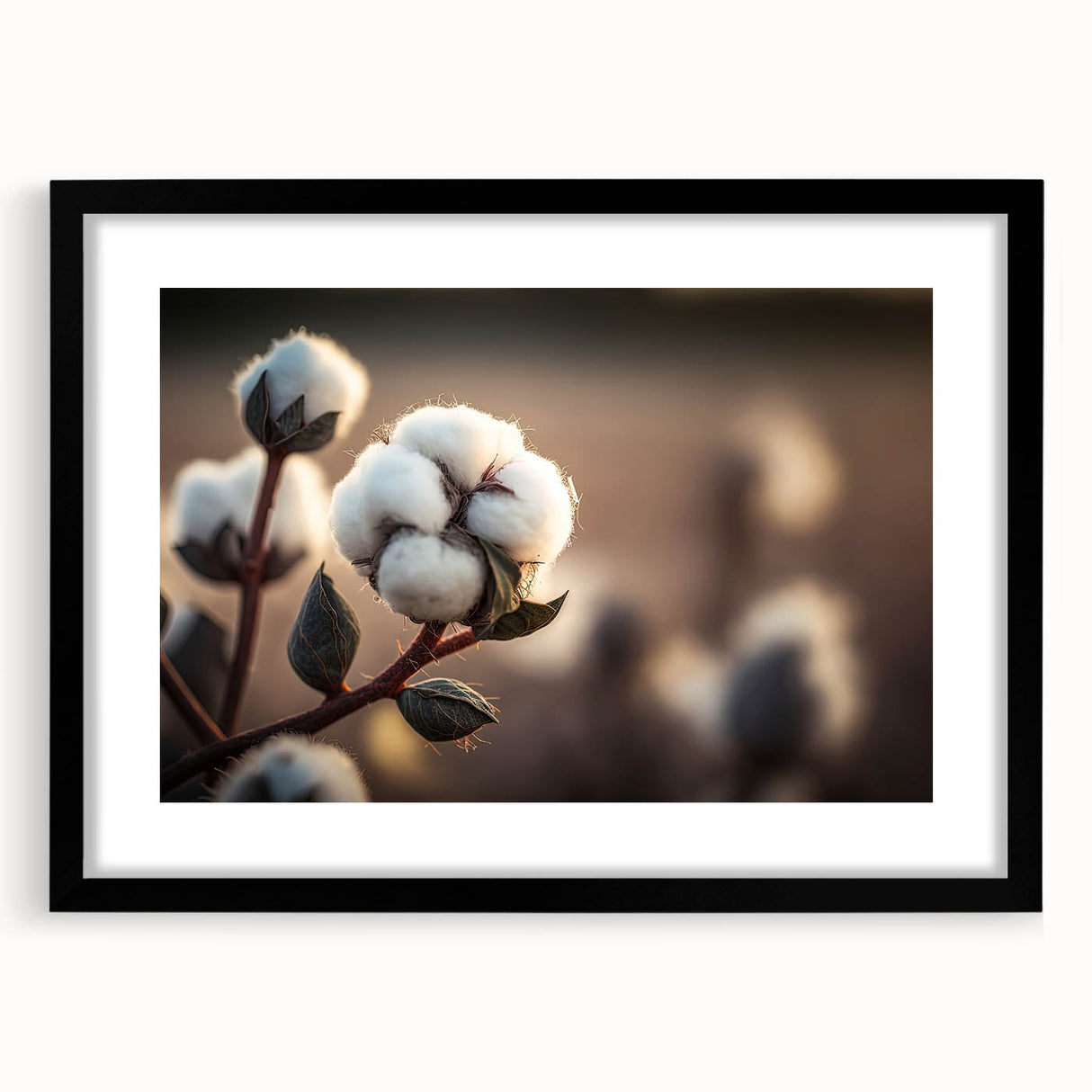 Framed botanical wall art collection showcasing a vibrant floral design on cotton, featuring a sleek black frame with a mat, perfect for home decor enhancement.