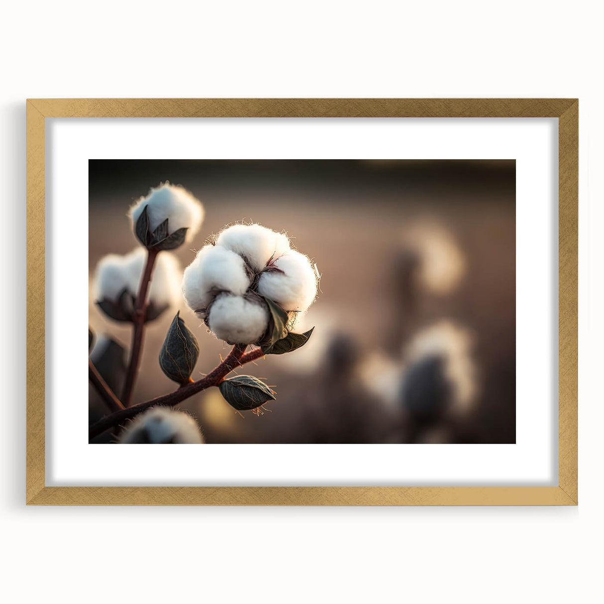 Botanical cotton wall art design featuring a floral pattern in vibrant colors, framed in gold with a white mat, perfect for enhancing home decor aesthetics.