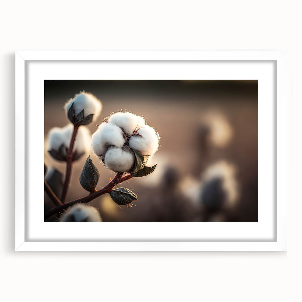 Botanical wall art collection featuring a floral cotton design in a white frame with a mat, ideal for home decor. The artwork showcases vibrant colors and intricate details, perfect for adding a touch of nature to any room.