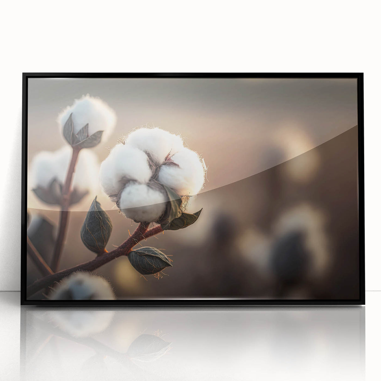 Framed wall art featuring a botanical cotton design with vibrant flowers on a black background. The acrylic front adds a modern touch, perfect for home decor.