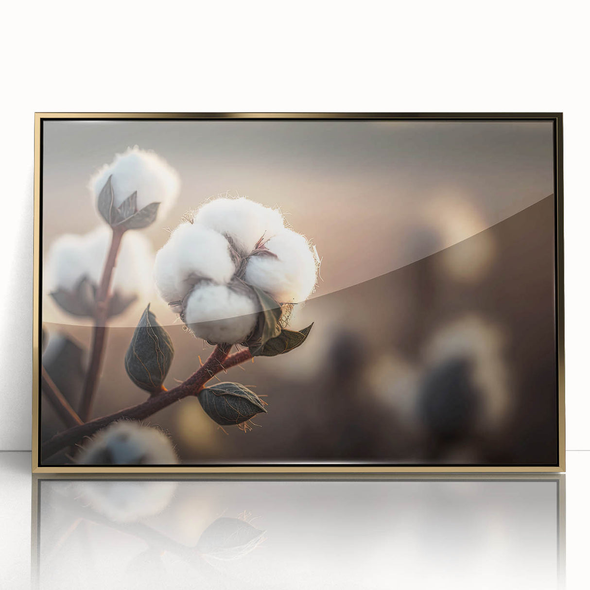 Framed wall art featuring a botanical cotton design with colorful flowers, set in an elegant gold frame, perfect for enhancing home decor aesthetics.