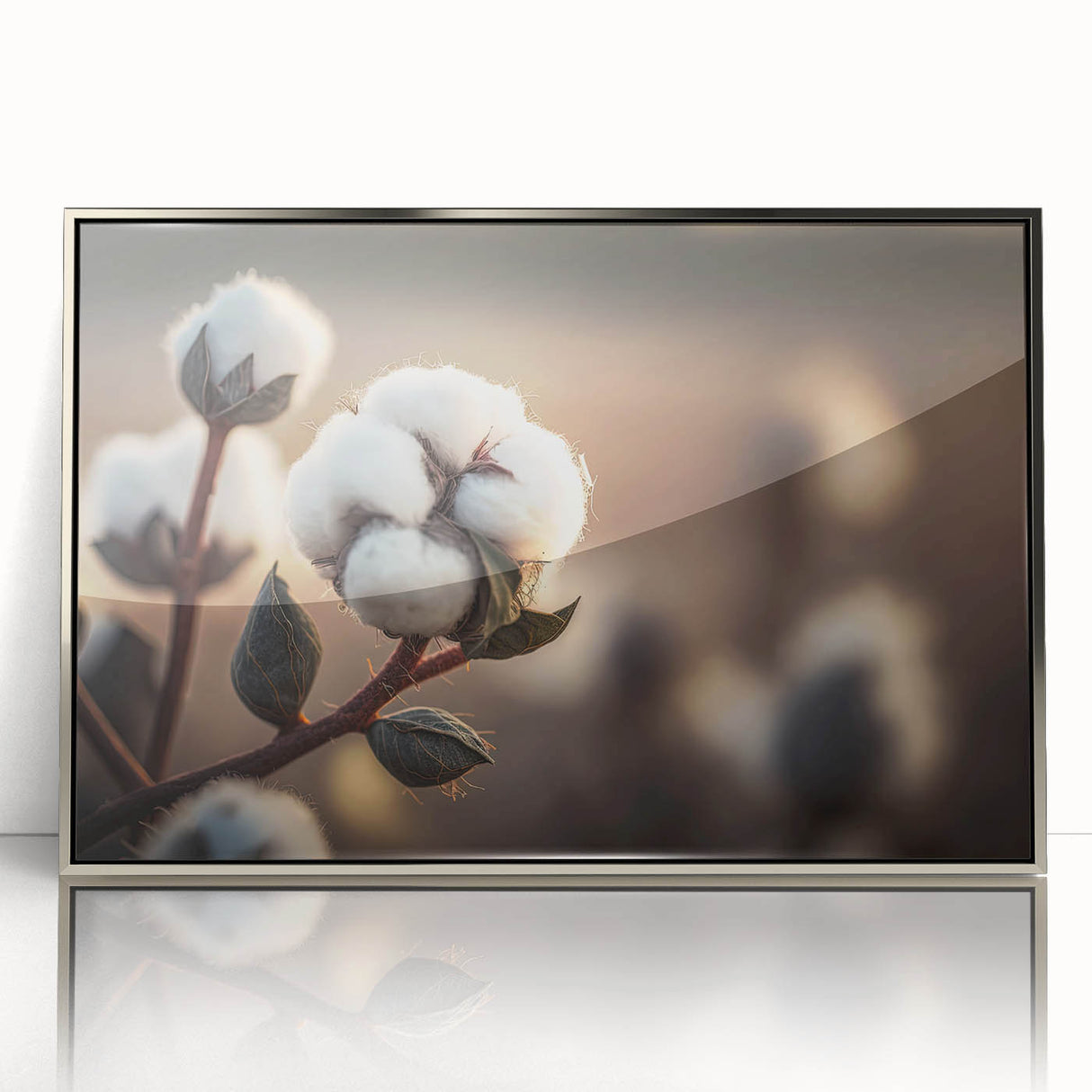 Framed botanical wall art design featuring colorful flowers on a cotton background with a silver acrylic frame, ideal for home decor and nature enthusiasts.