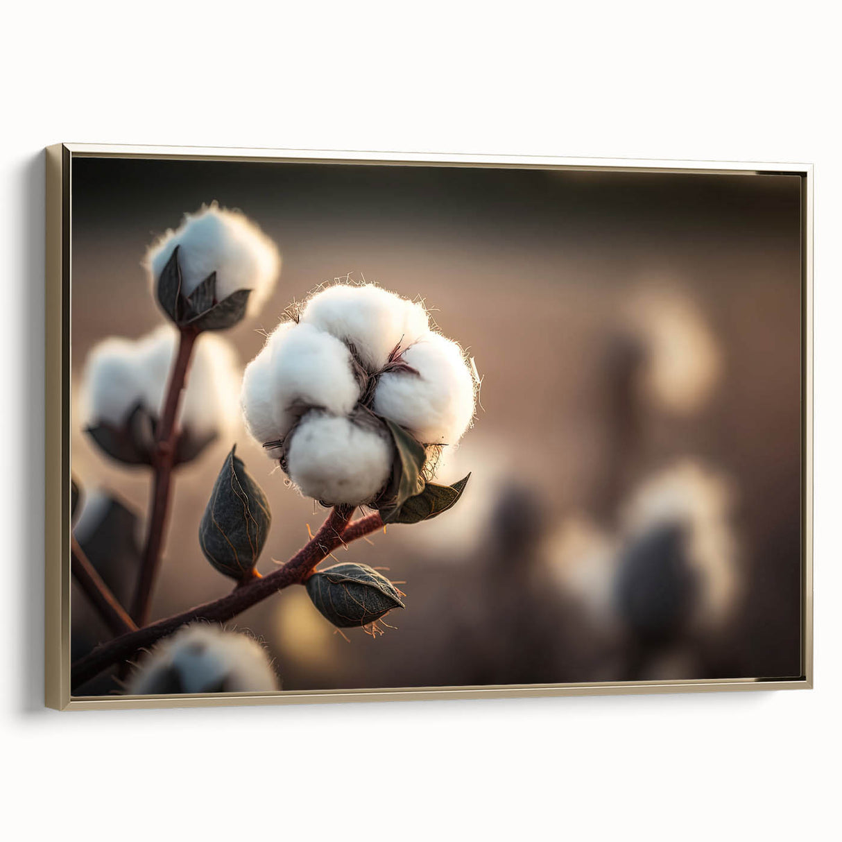Framed botanical wall art featuring vibrant flowers and intricate cotton design, with a luxurious gold frame, showcasing a side view that highlights its elegant presentation. Perfect for adding a touch of nature to modern decor.