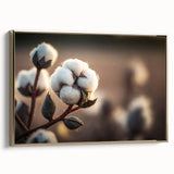 Framed botanical wall art featuring vibrant flowers and intricate cotton design, with a luxurious gold frame, showcasing a side view that highlights its elegant presentation. Perfect for adding a touch of nature to modern decor.