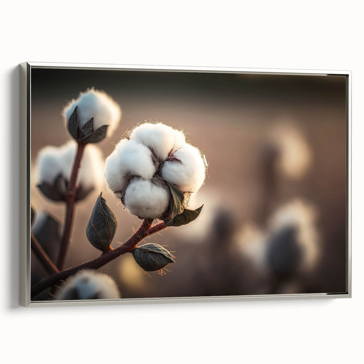 Framed botanical wall art featuring a vibrant floral design on cotton canvas, showcased from a silver side view, ideal for home decor enhancement.