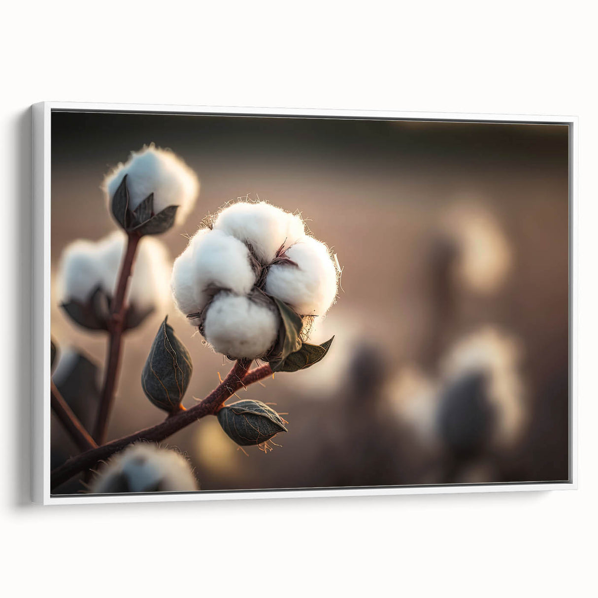 Framed wall art featuring a botanical cotton design with colorful flowers set against a white background, showcasing a side view that highlights its elegant composition. Ideal for enhancing home decor with a touch of nature-inspired beauty.