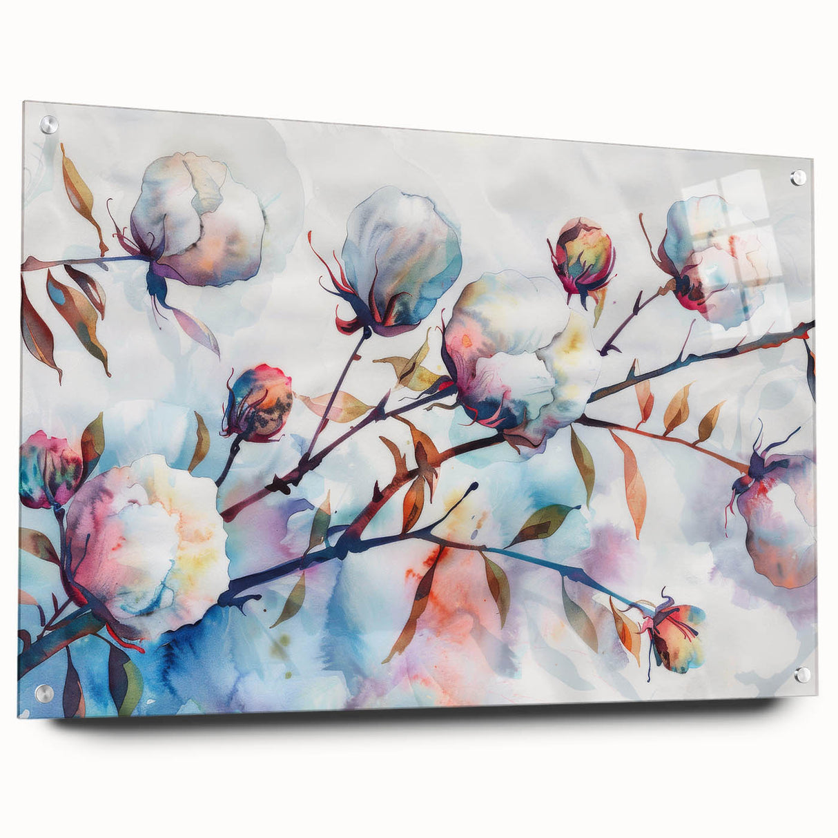 Botanical wall art collection featuring vibrant floral designs printed on cotton, showcased in an acrylic frame with visible mounting pins, ideal for home decor.