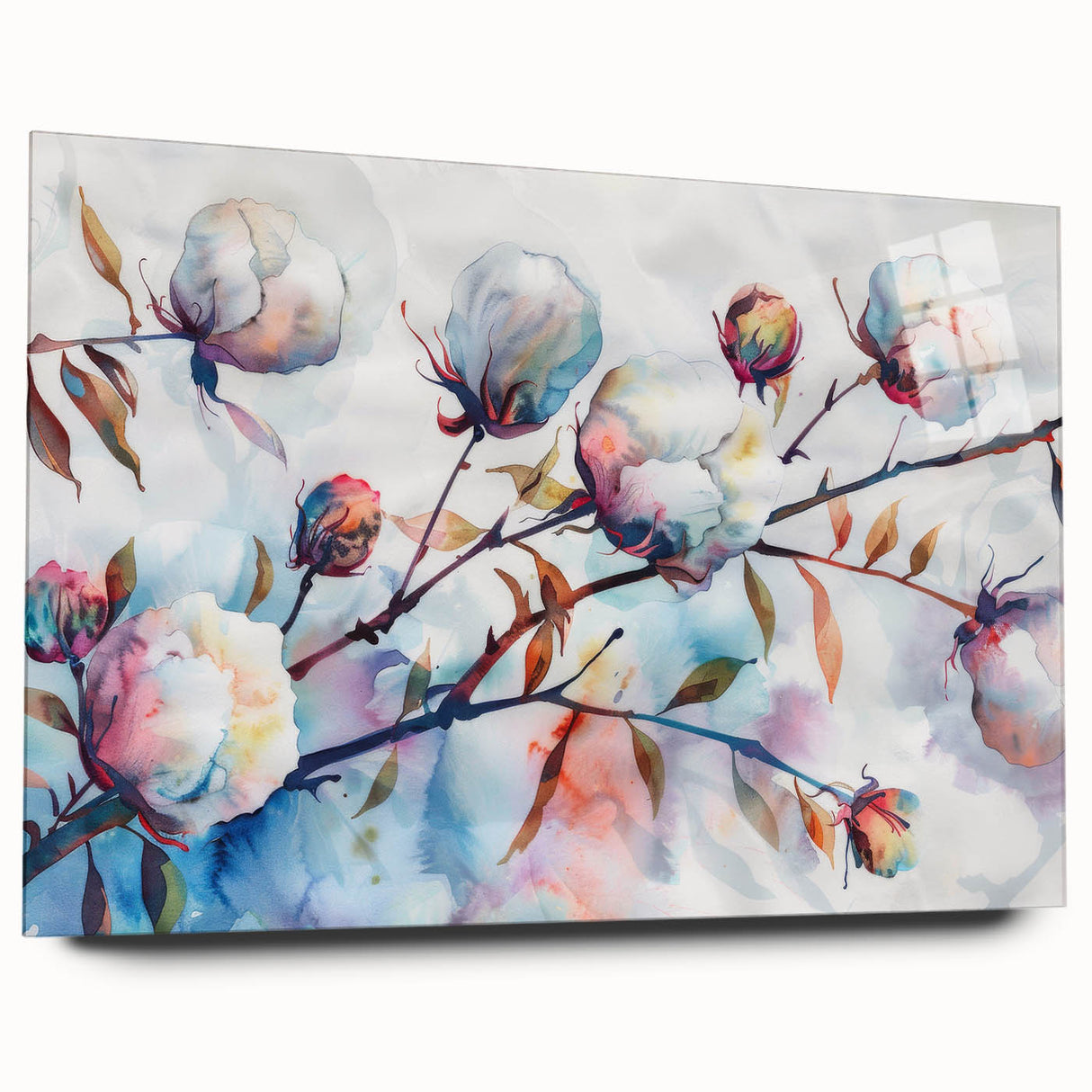 Acrylic glass wall art displaying a vibrant botanical flower design on cotton, elegantly framed and showcased from a side view, ideal for modern decor.