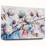 Acrylic glass wall art displaying a vibrant botanical flower design on cotton, elegantly framed and showcased from a side view, ideal for modern decor.