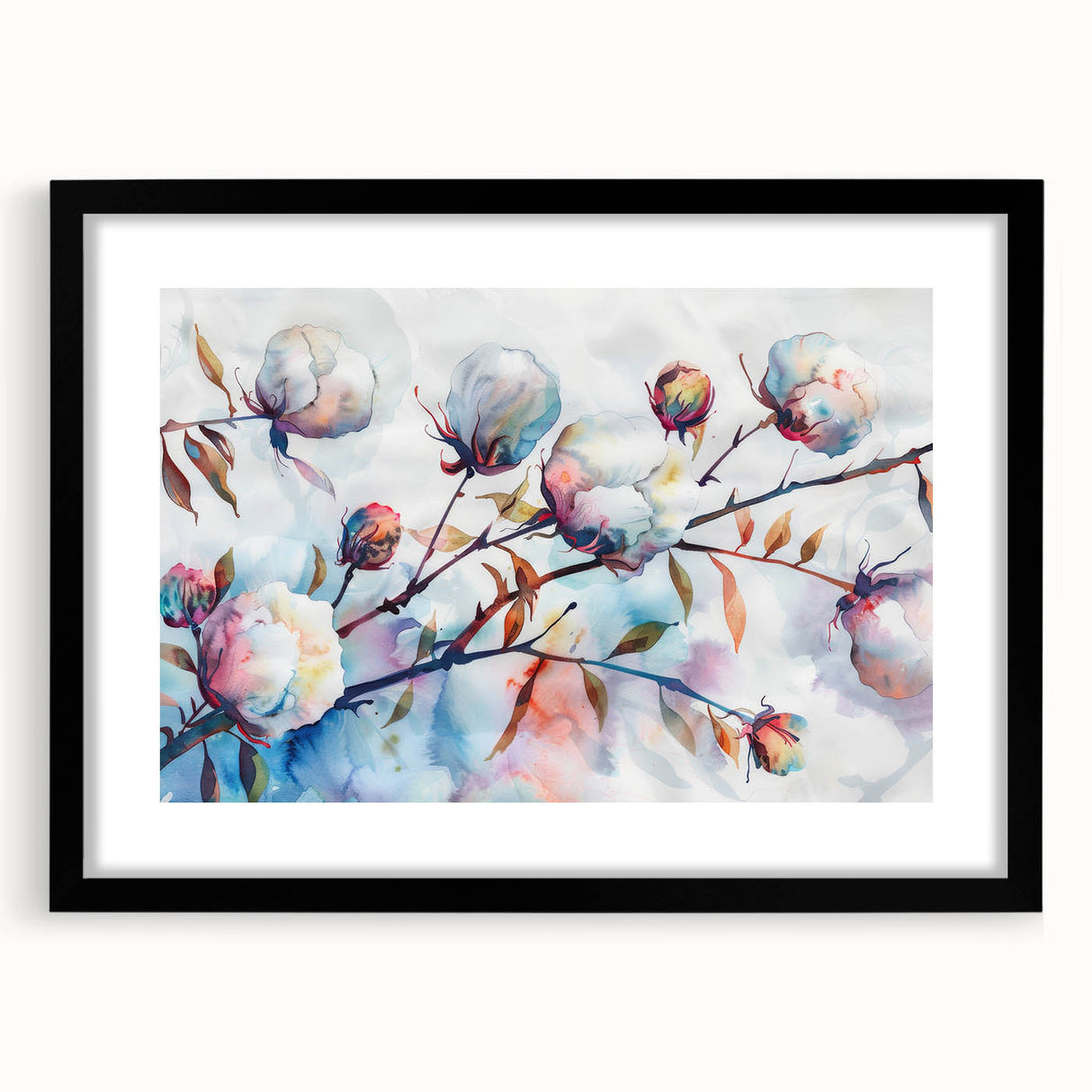 Black framed botanical wall art featuring a vibrant floral cotton design, elegantly matted for a polished look, ideal for home decor and nature enthusiasts.