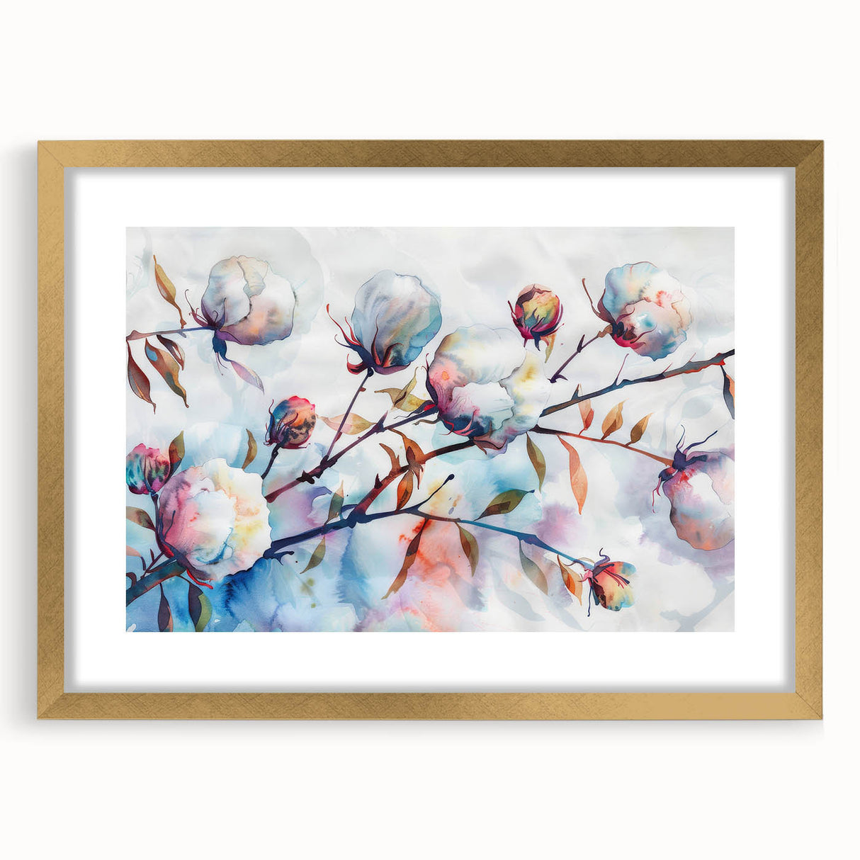 Botanical wall art featuring a vibrant floral design on cotton fabric, framed in gold with a mat, showcasing elegant colors and intricate details perfect for home decor.