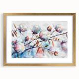 Botanical wall art featuring a vibrant floral design on cotton fabric, framed in gold with a mat, showcasing elegant colors and intricate details perfect for home decor.