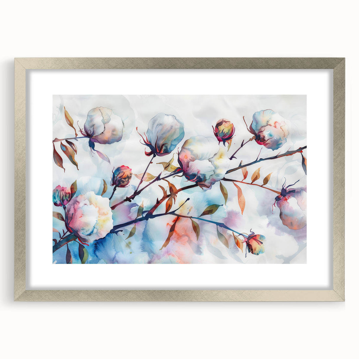 Botanical-themed wall art featuring a stunning floral cotton design in a silver frame with a mat, perfect for adding elegance to any room decor.