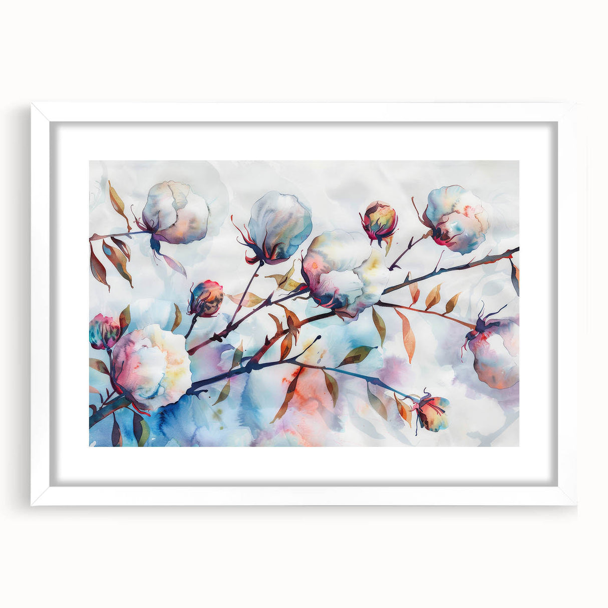 Botanical floral wall art design in a white frame with mat, showcasing vibrant colors and intricate details, perfect for home decor enhancement.
