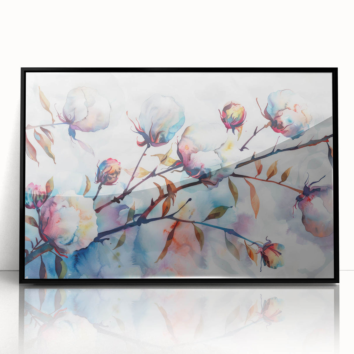 Framed botanical wall art featuring a vibrant floral design on cotton, set in a sleek black frame, adding elegance to any modern decor. The intricate details and rich colors enhance the beauty of this unique piece, perfect for nature lovers.