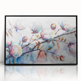 Framed botanical wall art featuring a vibrant floral design on cotton, set in a sleek black frame, adding elegance to any modern decor. The intricate details and rich colors enhance the beauty of this unique piece, perfect for nature lovers.