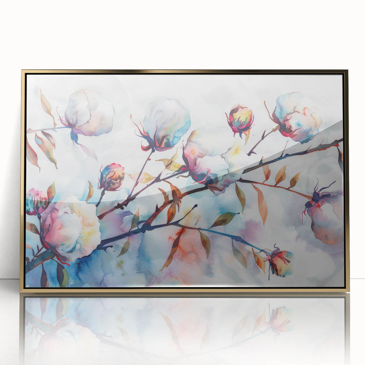 Framed botanical wall art showcasing a vibrant flower design on cotton, accented with a gold frame, perfect for home decor and enhancing interior aesthetics.