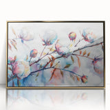 Framed botanical wall art showcasing a vibrant flower design on cotton, accented with a gold frame, perfect for home decor and enhancing interior aesthetics.
