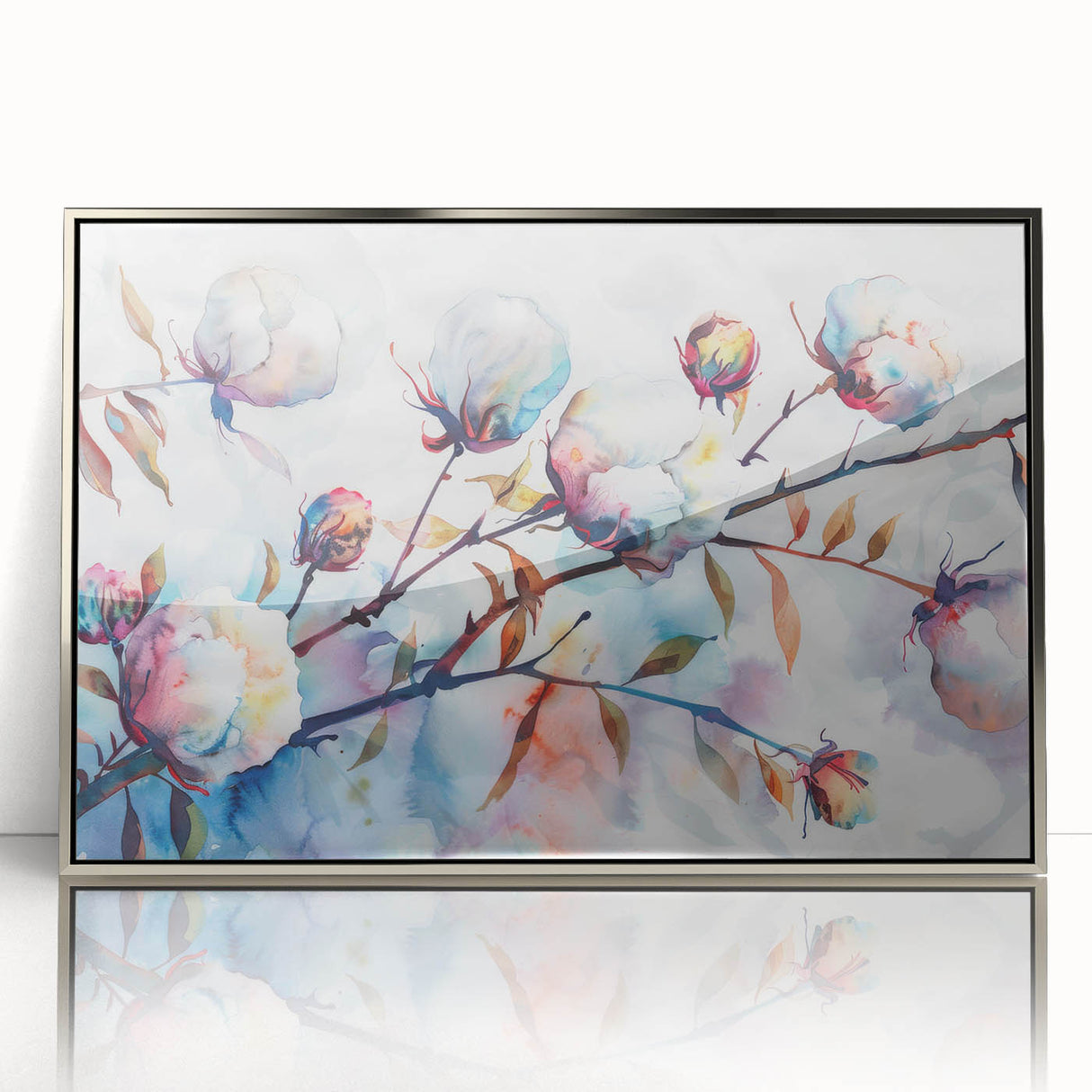 Framed wall art collection showcasing a vibrant botanical cotton design with colorful flowers, set in a sleek silver frame, perfect for home decor enhancement.