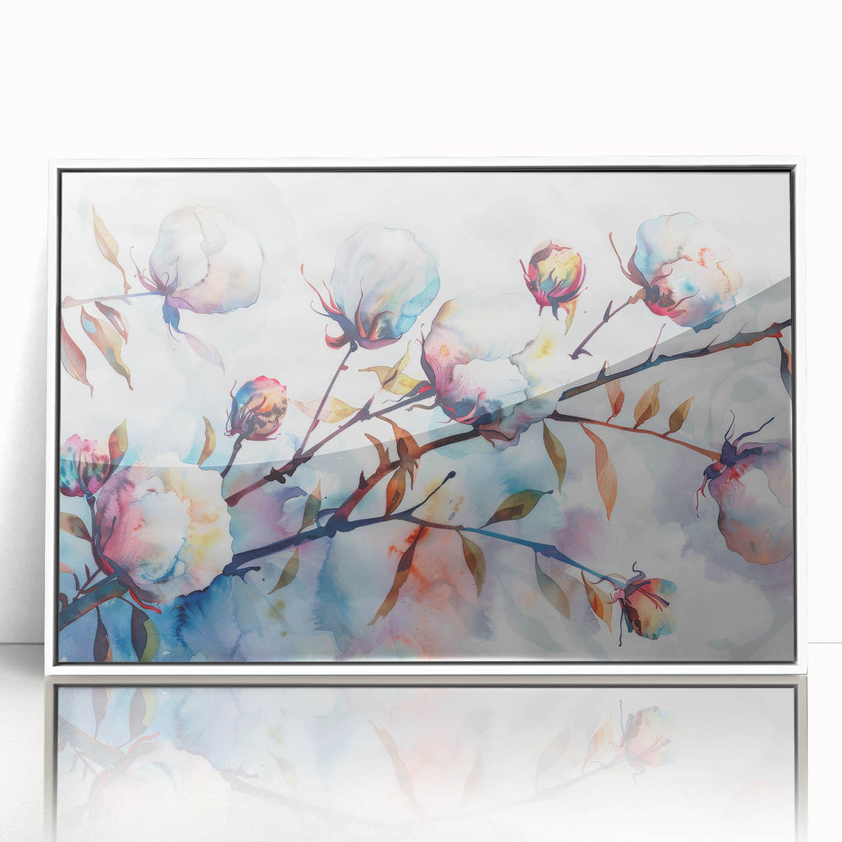 Framed botanical wall art featuring a vibrant floral design on cotton, showcasing delicate colors against a white background, perfect for home decor enhancement.