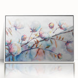 Framed botanical wall art featuring a vibrant floral design on cotton, showcasing delicate colors against a white background, perfect for home decor enhancement.