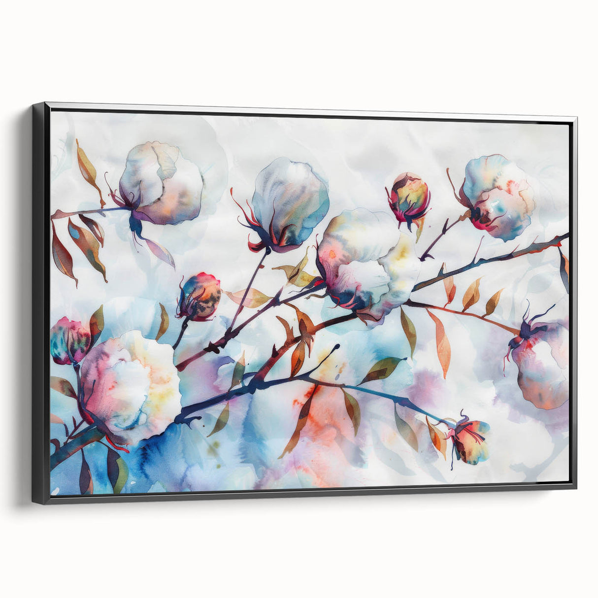 Framed botanical canvas wall art showcasing vibrant flowers on a black background, highlighting intricate details and textures, perfect for home decor.