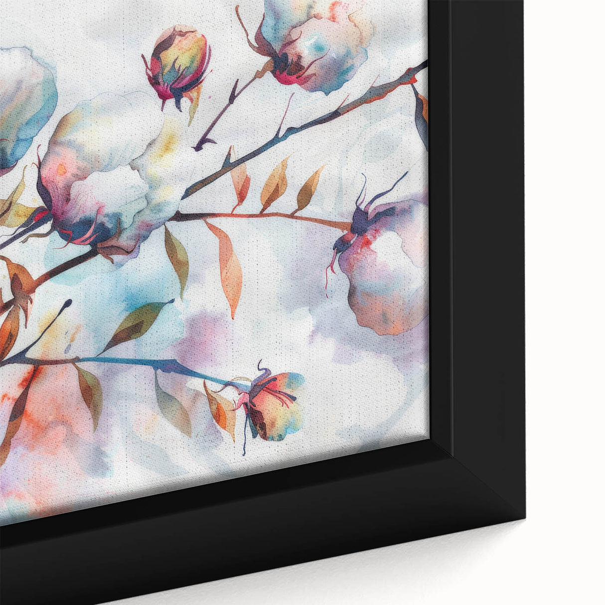 Close-up of a vibrant botanical wall art design featuring colorful flowers on cotton canvas, framed elegantly for home decor, showcasing intricate details and textures.