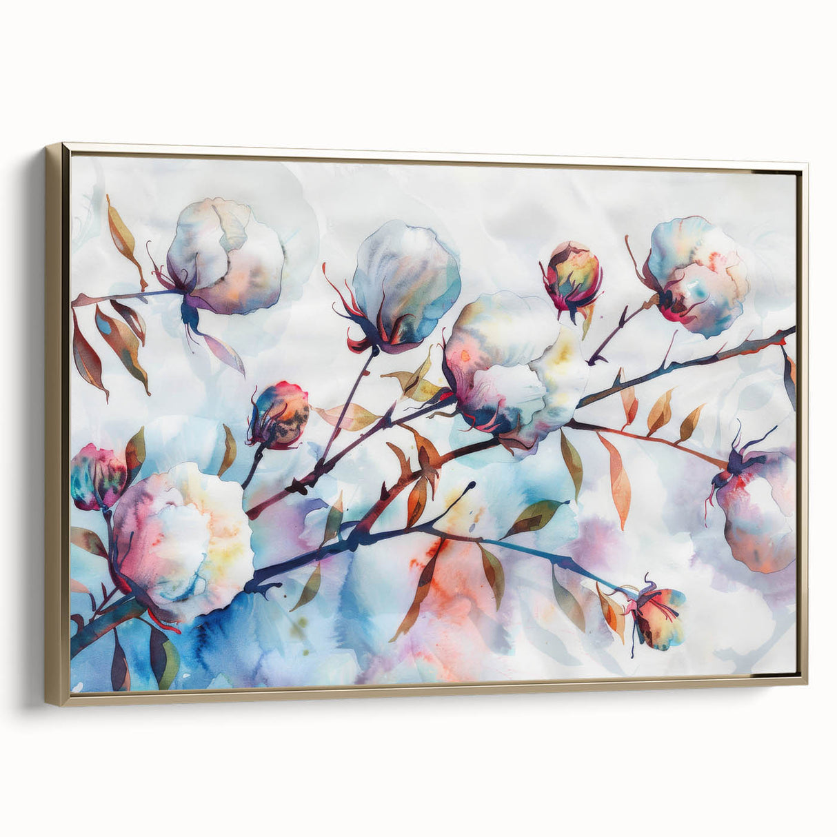 Framed canvas wall art showcasing a botanical floral design with vibrant colors, gold accents, and a sleek side profile, perfect for enhancing modern decor.