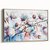 Framed canvas wall art showcasing a botanical floral design with vibrant colors, gold accents, and a sleek side profile, perfect for enhancing modern decor.