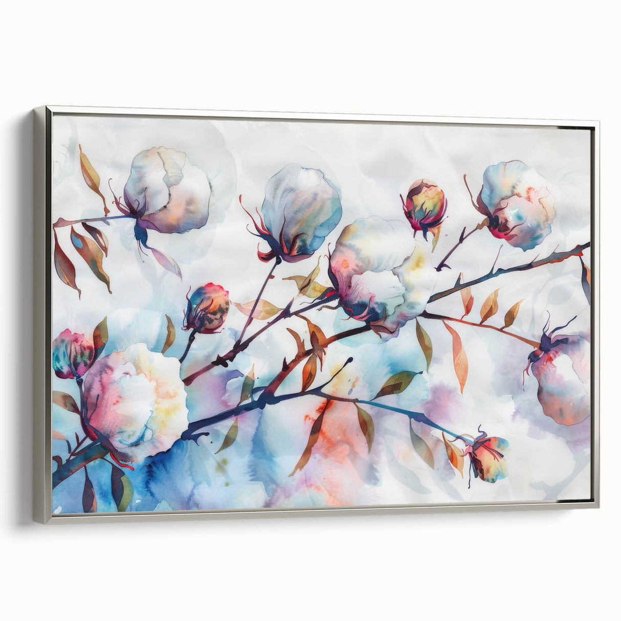 Framed botanical wall art featuring a vibrant floral design on cotton canvas, set in a sleek silver frame, showcasing a side view that emphasizes its elegant profile. Perfect for adding a touch of nature-inspired decor to any space.