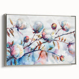 Framed botanical wall art featuring a vibrant floral design on cotton canvas, set in a sleek silver frame, showcasing a side view that emphasizes its elegant profile. Perfect for adding a touch of nature-inspired decor to any space.