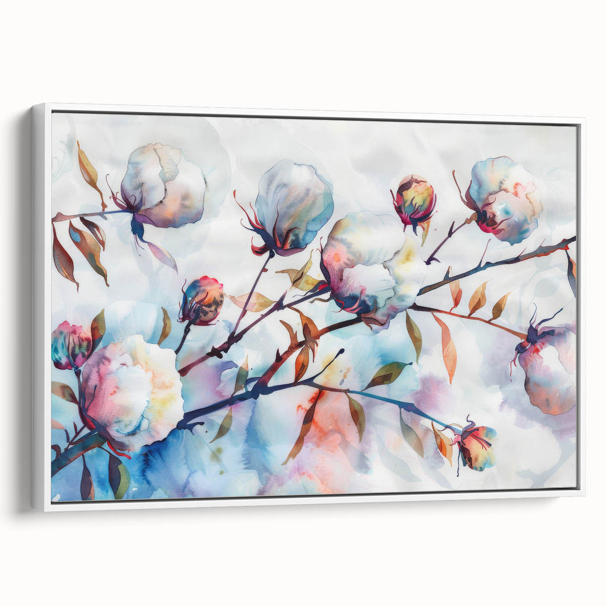 Framed botanical wall art featuring a vibrant floral design on cotton canvas, showcasing intricate details in a white frame, perfect for home decor enhancement.