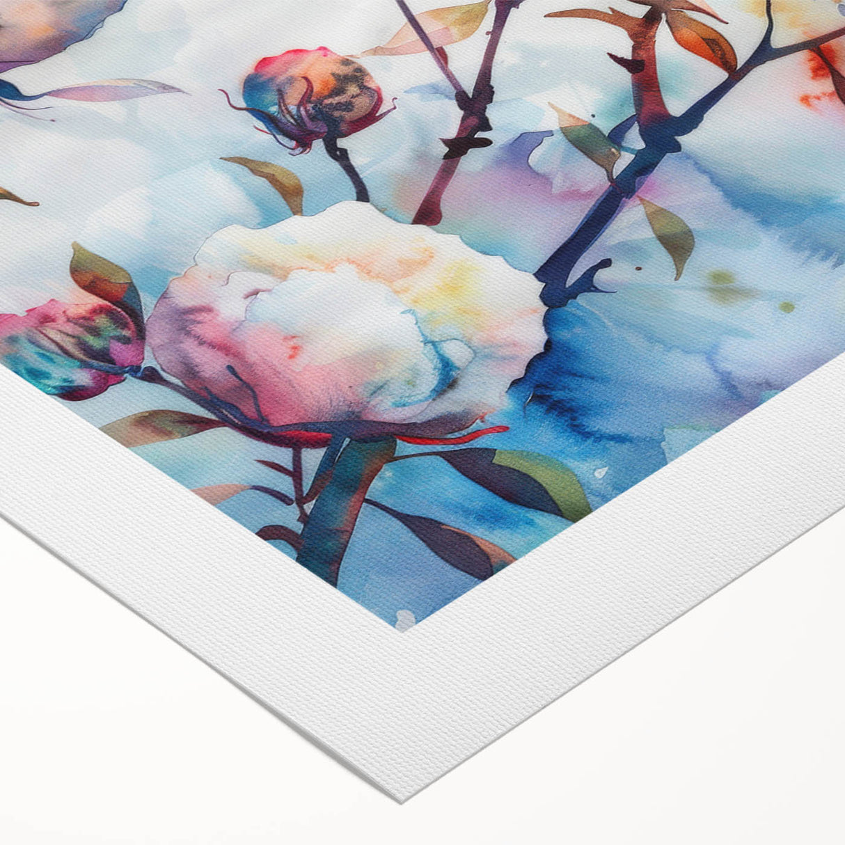 Floral wall art design on rolled cotton canvas, showcasing vibrant pink and orange flowers against a soft beige background, perfect for home decor.