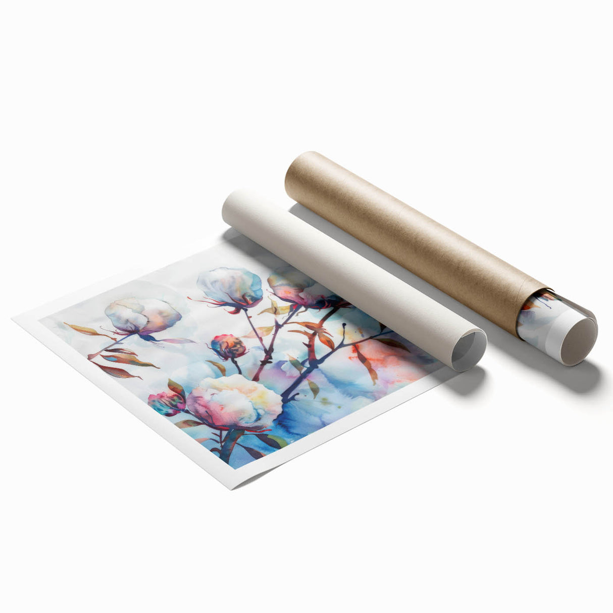 Botanical wall art print featuring a vibrant floral design on cotton, showcasing colorful flowers and lush greenery, rolled and ready for framing.