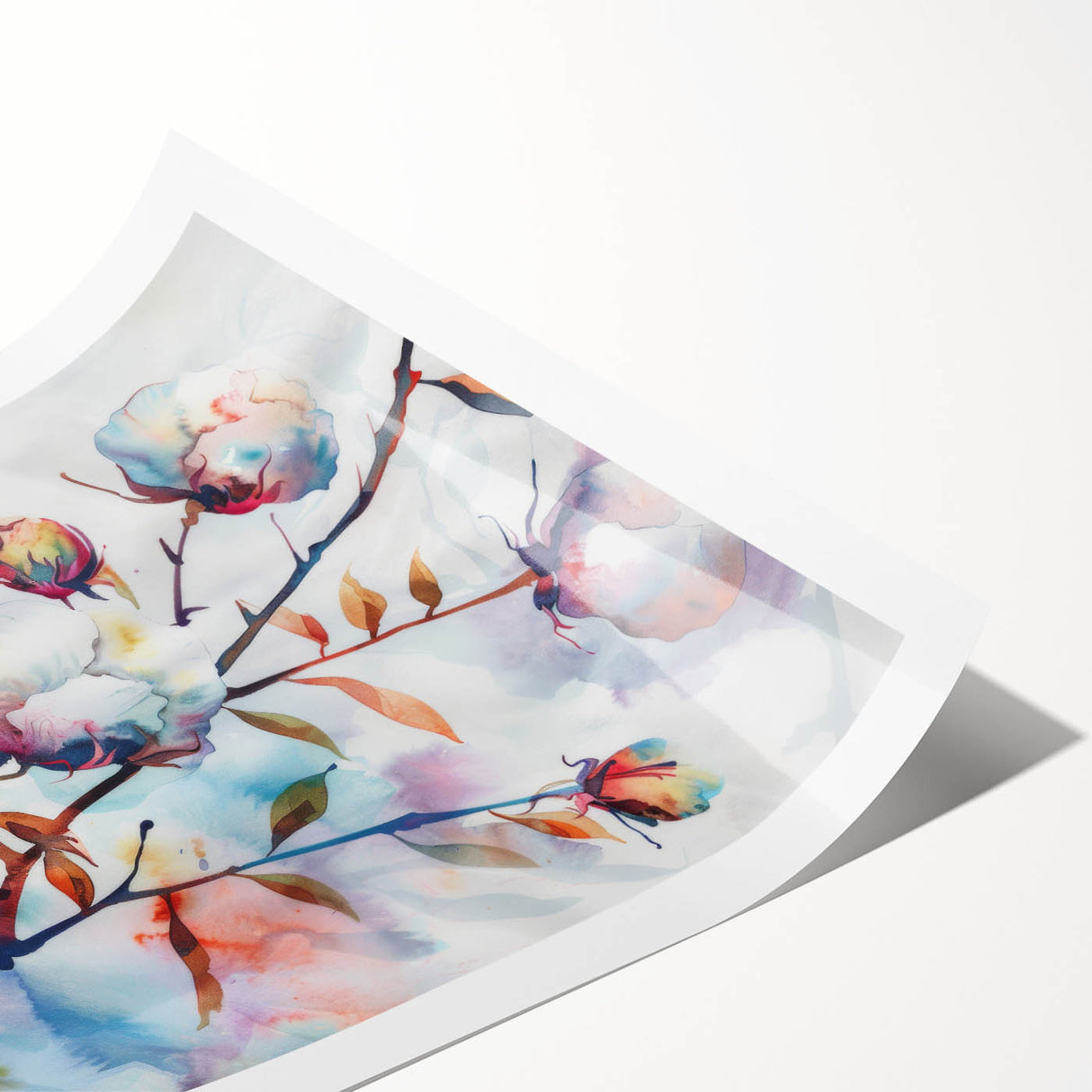Colorful botanical cotton wall art print featuring a variety of flowers, designed for home decor. The rolled print showcases intricate details and vibrant hues, ideal for adding a natural touch to any space.