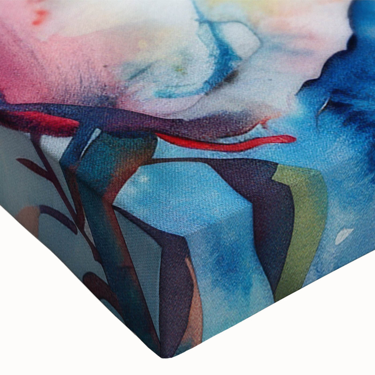 Close-up of a vibrant botanical wall art design on stretched cotton canvas, showcasing intricate floral patterns in rich colors, perfect for home decor enhancement.