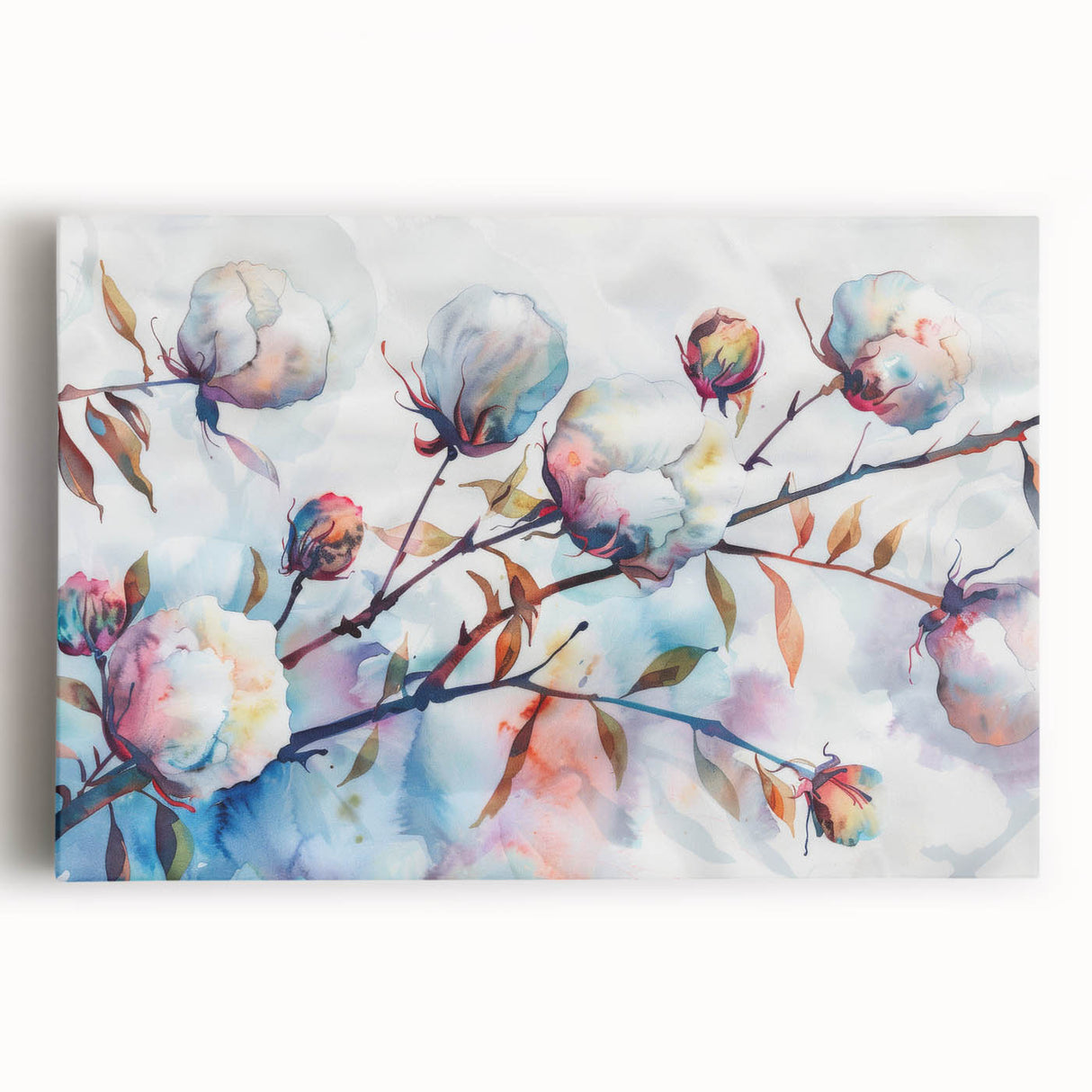Botanical cotton design wall art collection featuring vibrant floral patterns on stretched canvas, showcasing vivid colors and intricate details, perfect for home decor.