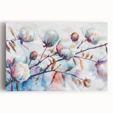 Botanical cotton design wall art collection featuring vibrant floral patterns on stretched canvas, showcasing vivid colors and intricate details, perfect for home decor.