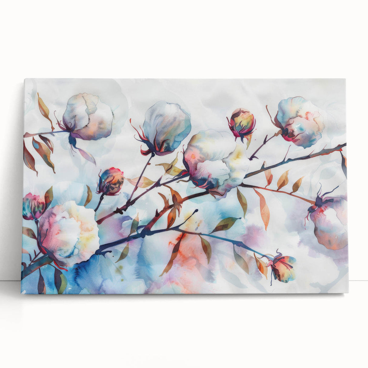 Botanical wall art canvas featuring a vibrant floral design with soft pastel colors, elegantly leaning against a wall, perfect for home decor and nature lovers.