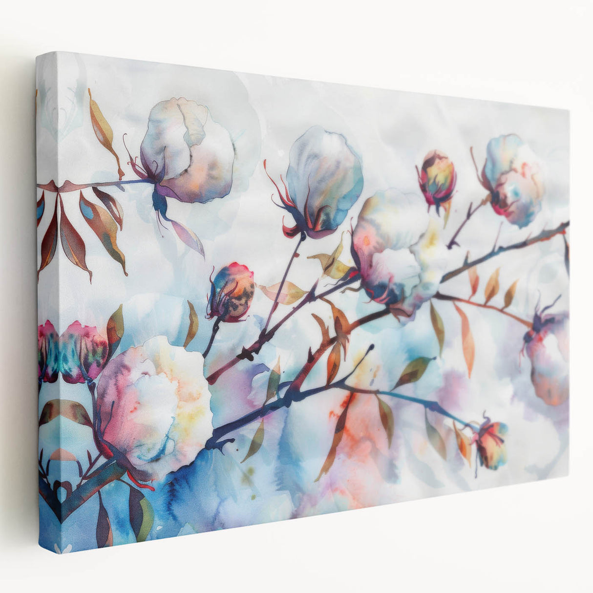 Stretched canvas wall art showcasing a vibrant floral botanical design in an elegant side view, perfect for adding a touch of nature to home decor.