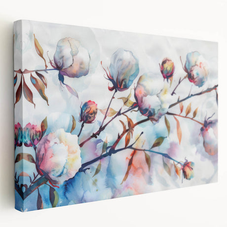 Stretched canvas wall art showcasing a vibrant floral botanical design in an elegant side view, perfect for adding a touch of nature to home decor.