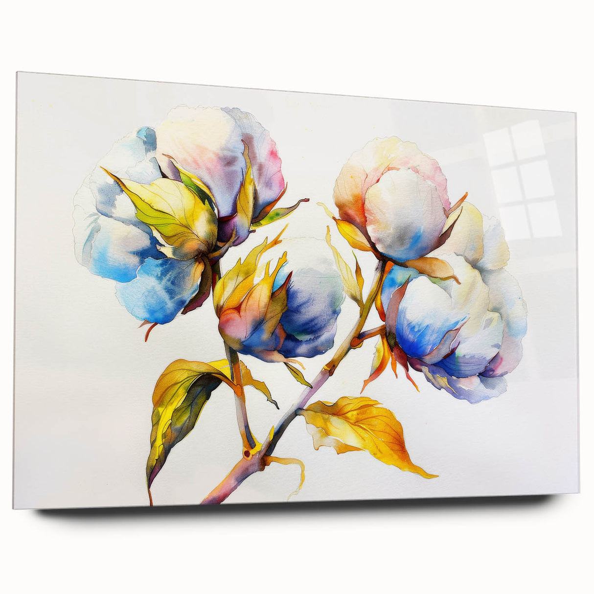 Side view of an elegant floral botanical wall art design printed on cotton, showcasing vibrant colors and intricate details, displayed without pins for a clean look.