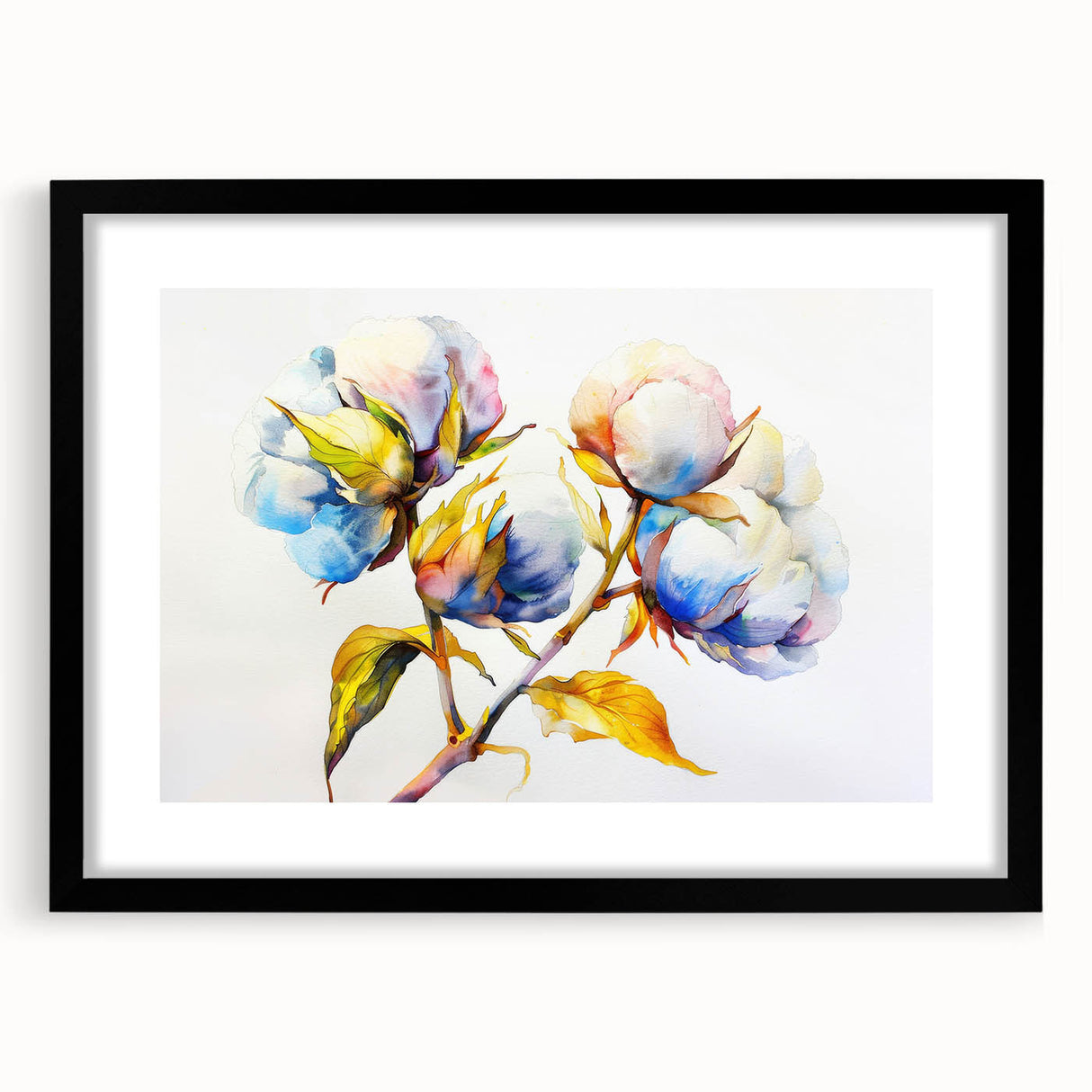 Elegant black-framed wall art featuring a botanical cotton design of vibrant flowers, ideal for enhancing home decor with a touch of nature's beauty.