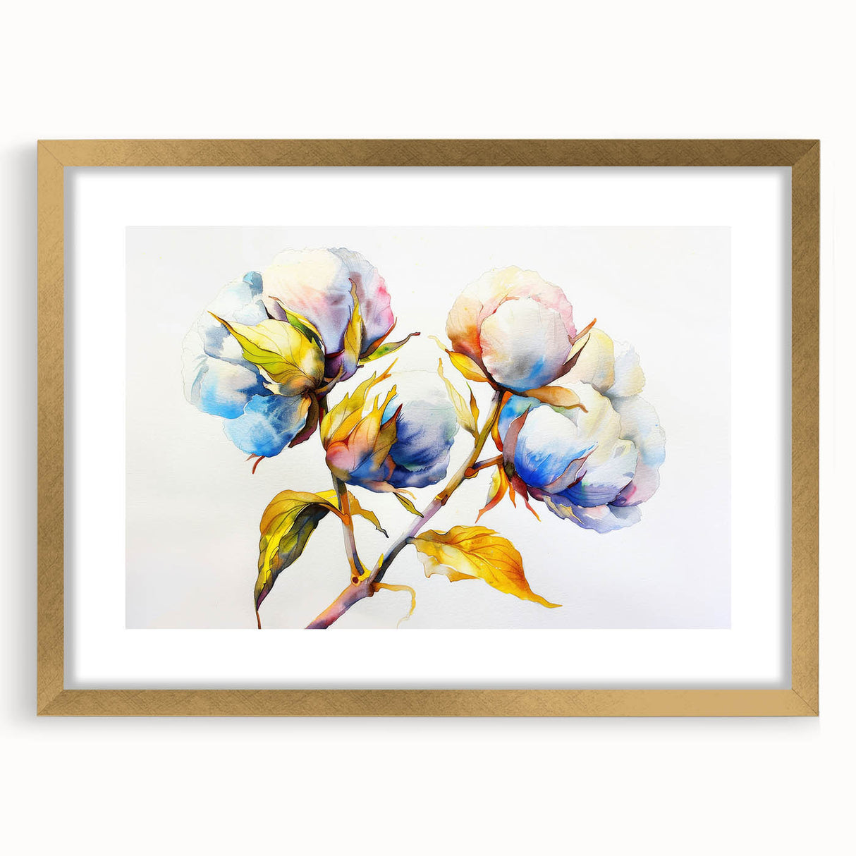 Botanical wall art collection featuring a floral cotton design in a gold frame with a mat, elegantly displayed from the front. Ideal for home decor enthusiasts.
