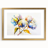 Botanical wall art collection featuring a floral cotton design in a gold frame with a mat, elegantly displayed from the front. Ideal for home decor enthusiasts.
