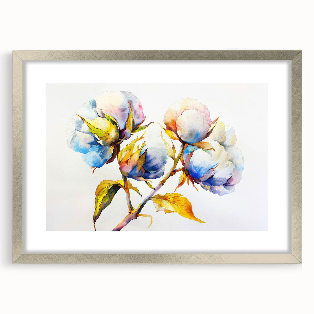 Botanical wall art design featuring colorful flowers on cotton fabric, framed with a silver mat, ideal for home decor, adding elegance to any room.