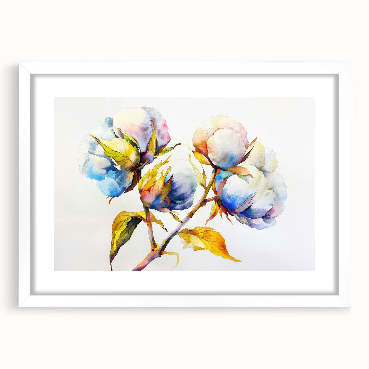 Botanical wall art collection featuring an elegant floral cotton design in a white frame with a mat, perfect for home decor aesthetics. Ideal for nature lovers.