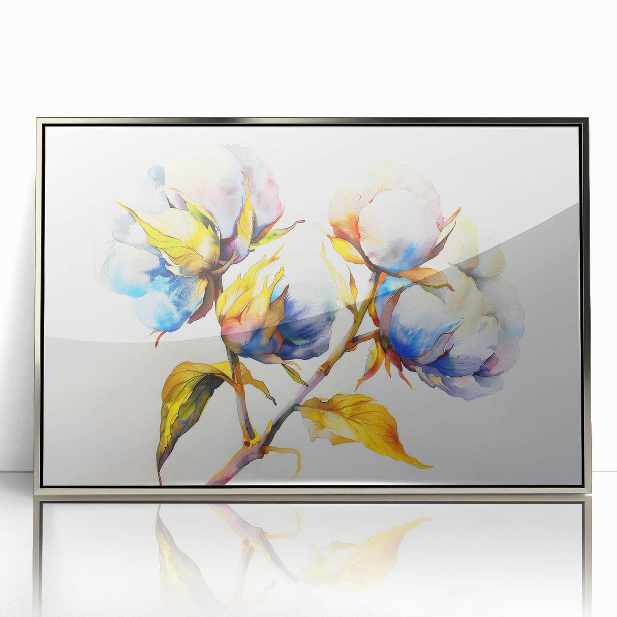 Framed botanical wall art featuring an intricate floral design on cotton, showcasing vibrant colors and elegant silver acrylic framing, perfect for home decor.