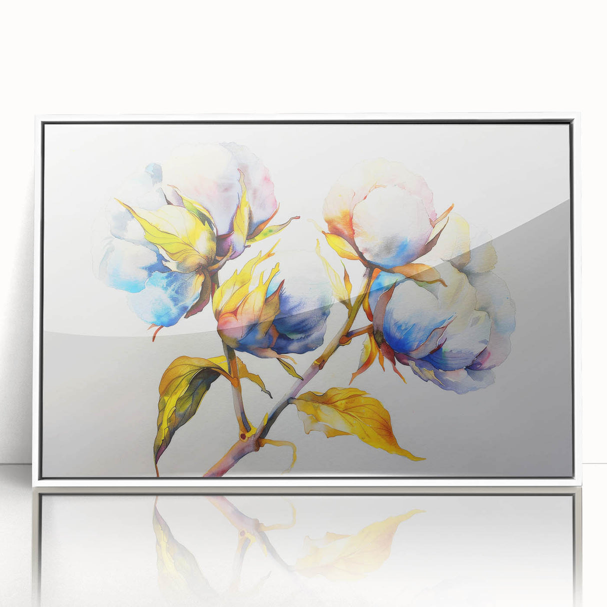Framed botanical wall art featuring a vibrant floral design on cotton fabric, displayed in a sleek white frame, perfect for home decor and nature enthusiasts.