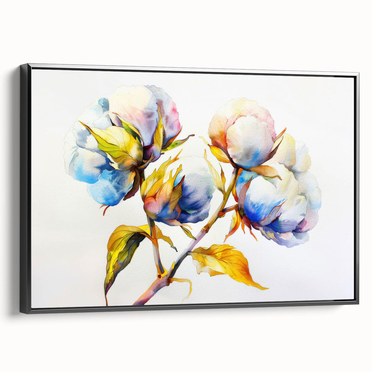 Framed botanical wall art showcasing vibrant flowers on cotton canvas, set against a sleek black frame, ideal for modern home decor. Perfect for nature enthusiasts.